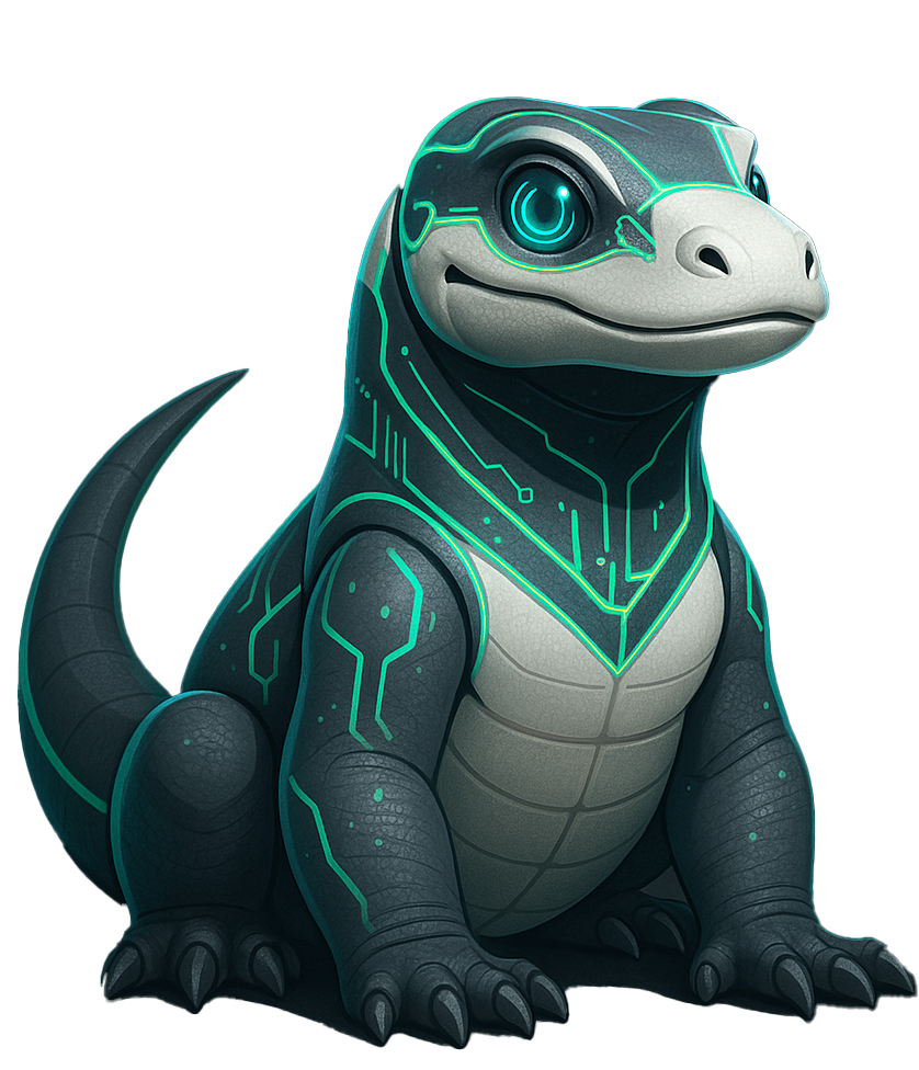 Komodo dessin animé incarnant la vigilance et l’innovation IA de KOMODHO.