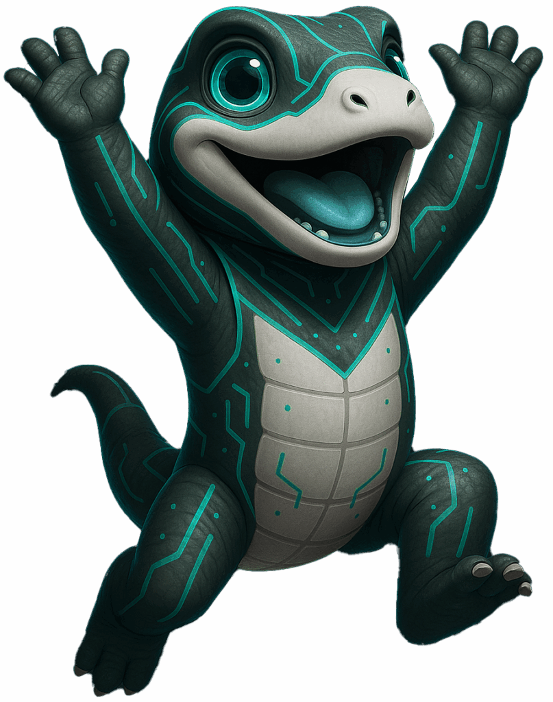 Dessin comique d’un Komodo symbolisant la puissance et l’agilité de KOMODHO en IA stratégique.